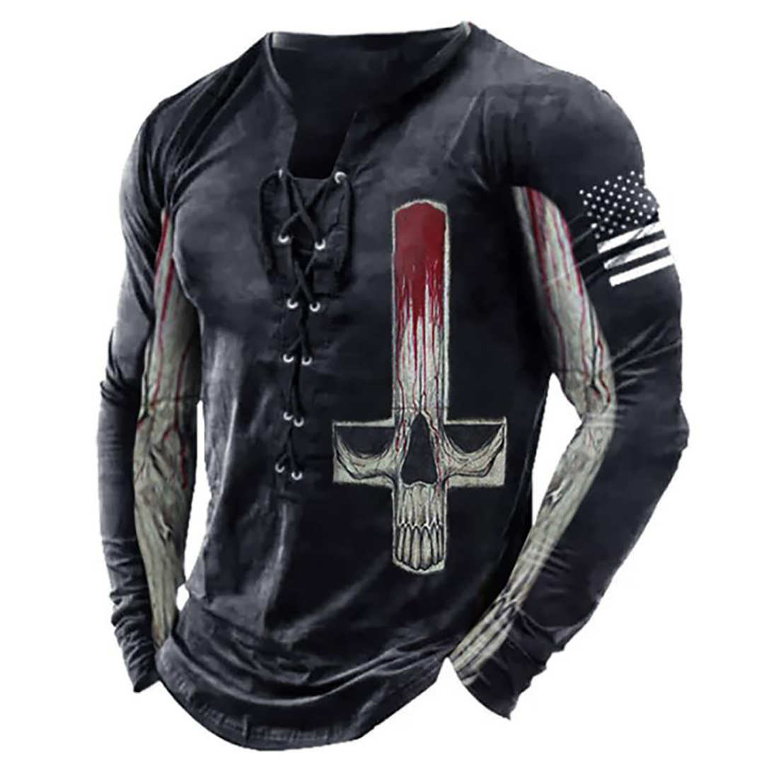 Men's retro all-match contrast print henley shirt