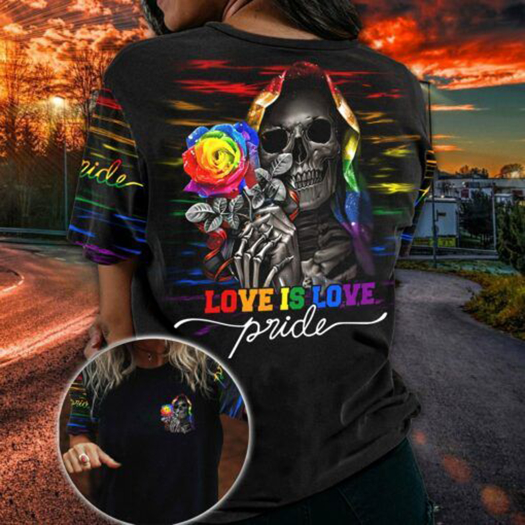 Skull Pride Rose Love Is Love Print Women's T-Shirt