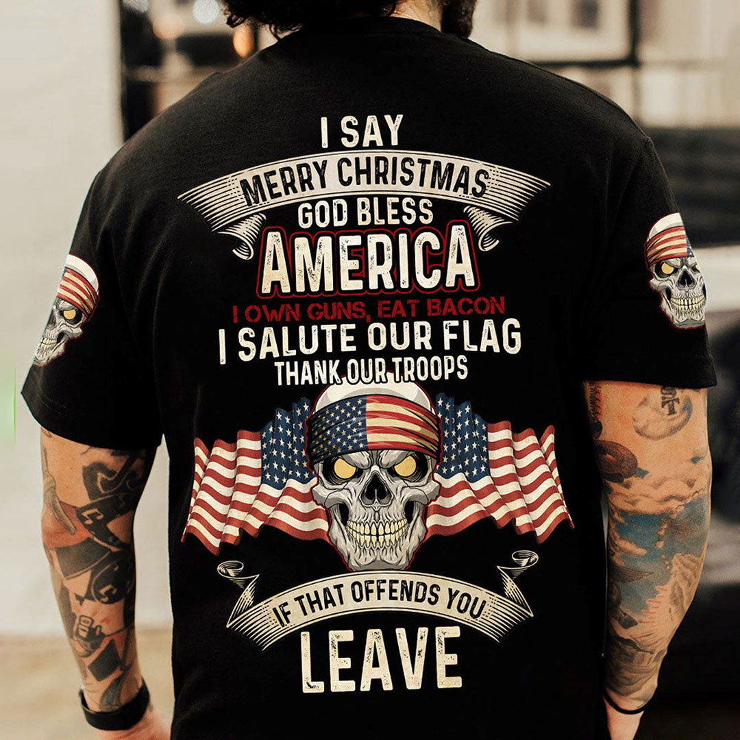 I Say Merry Christmas God Bless America Skull Print Men's T-Shirt