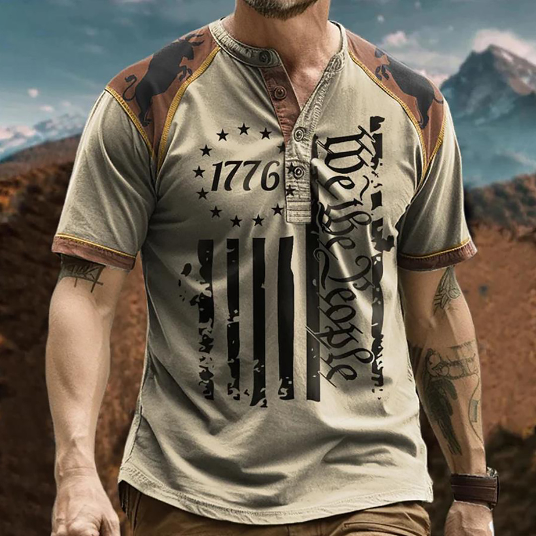 Men's Vintage 1776 American Flag We The People Print T-Shirt