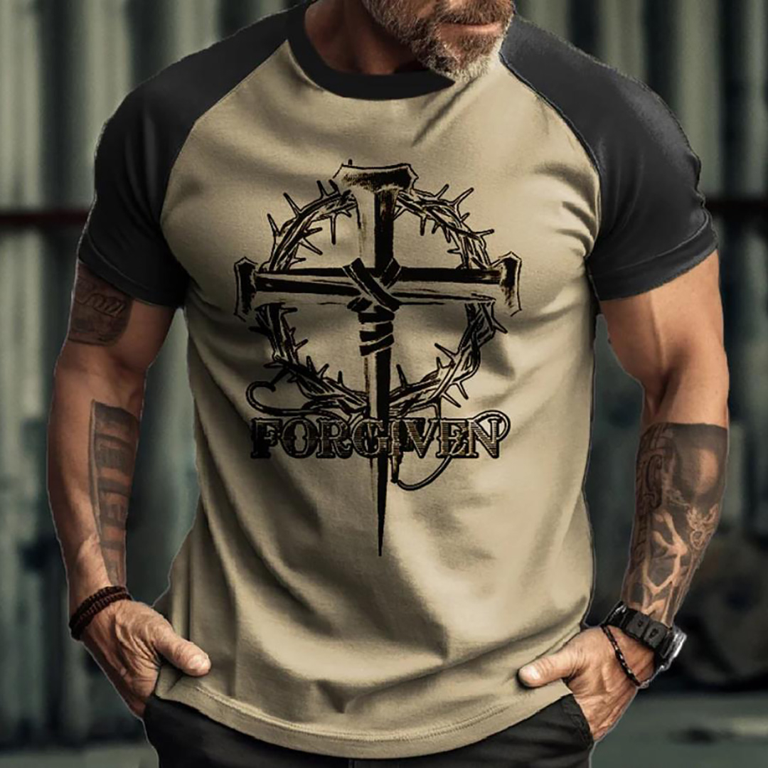 Men's Vintage Forgiven Cross Print Cropped Raglan T-Shirt