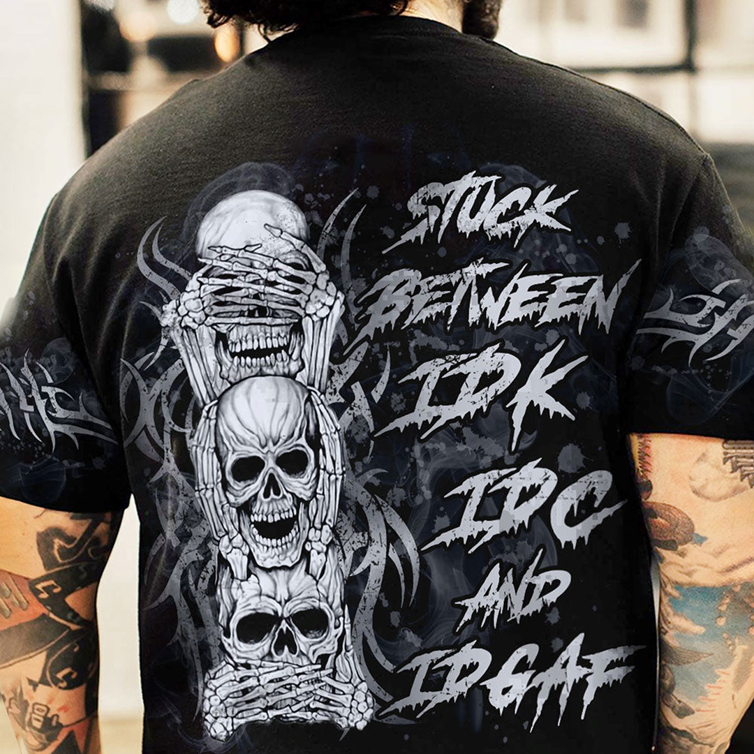 Stuck between Idk Idc and Idgaf skulls, all over men's print t-shirt