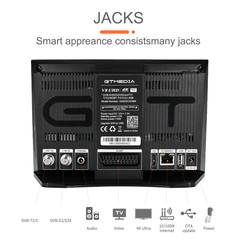 Original GTmedia V8 UHD Satellite Receiver 4K Utra HD DVB-S/S2/S2X DVB-T2 ATSC Built-in Wifi H.265 support Mars send from Spain