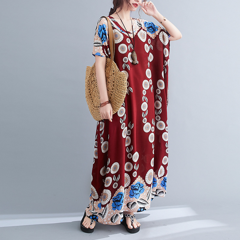 2023夏新作文芸オーバーサイズルーズ　コットン　シルク　Vネック　半袖ドレス　レディース　ロングスカート