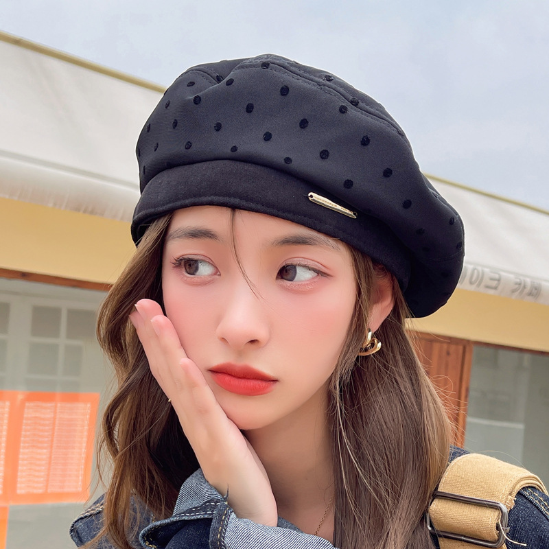Japanese small label design Beret hat female British retro painter hat sweet wave dot all -match Budi hat net red tide