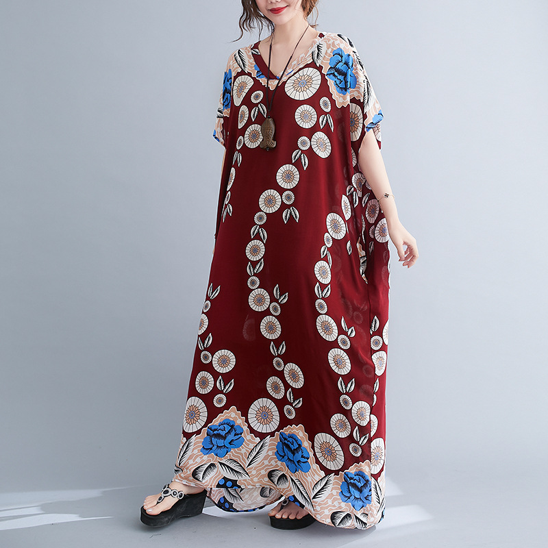 2023夏新作文芸オーバーサイズルーズ　コットン　シルク　Vネック　半袖ドレス　レディース　ロングスカート