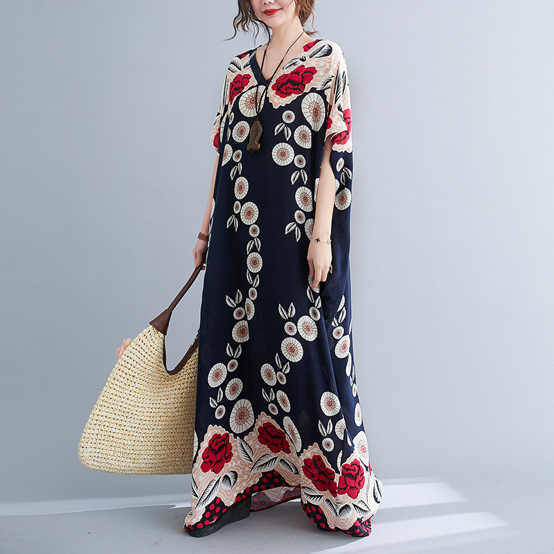 2023夏新作文芸オーバーサイズルーズ　コットン　シルク　Vネック　半袖ドレス　レディース　ロングスカート