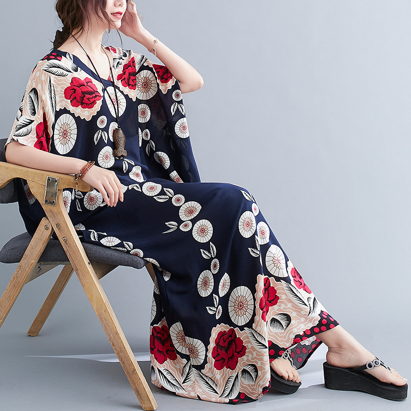 2023夏新作文芸オーバーサイズルーズ　コットン　シルク　Vネック　半袖ドレス　レディース　ロングスカート