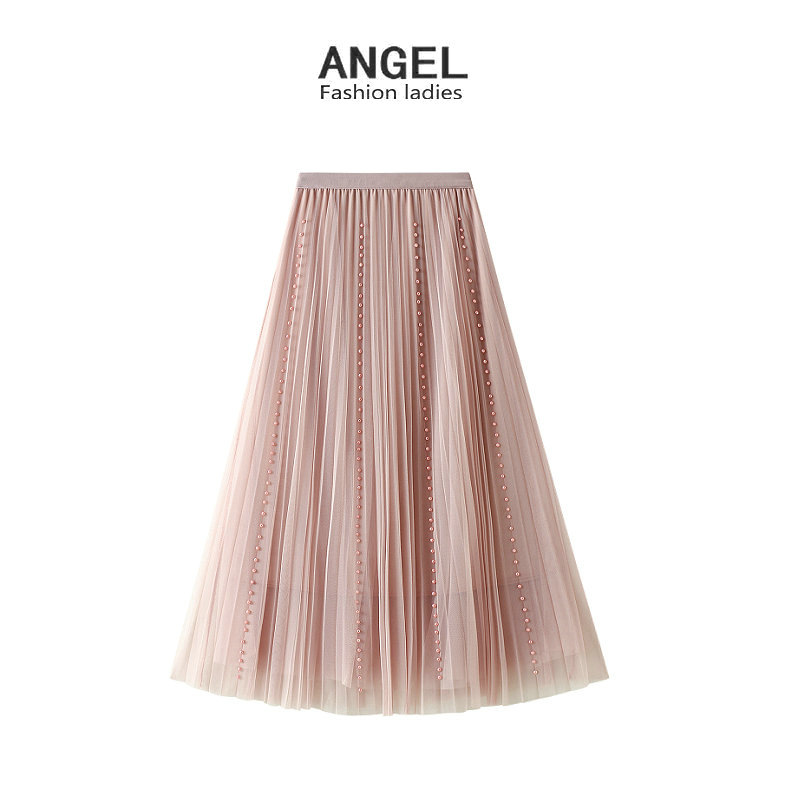 メッシュビーズスカート女性 2023 ハイウエストスリムプリーツガーゼスカート Aラインロングスカート