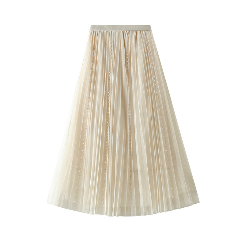 メッシュビーズスカート女性 2023 ハイウエストスリムプリーツガーゼスカート Aラインロングスカート