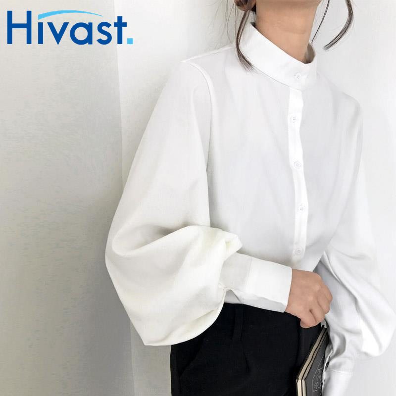 トップス  スタンドカラー  シャツ  女性   ン  ランタンスリーブ