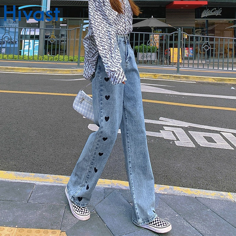 レッグパンツ 女性 ハイウエスト  刺繡 ハート ストレート 2カラー ジーンズ 春