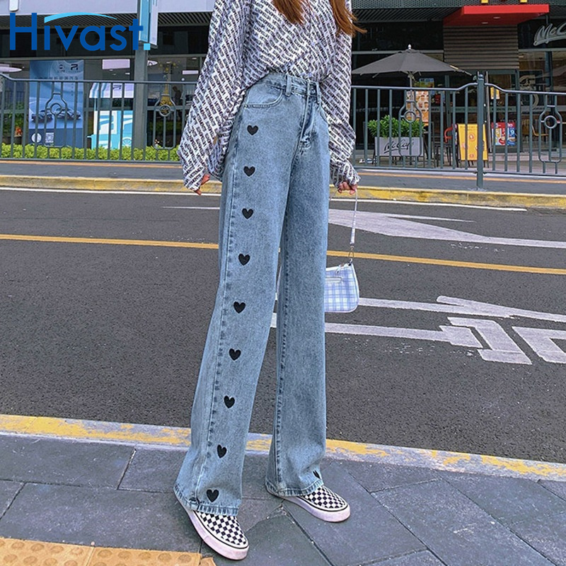 レッグパンツ 女性 ハイウエスト  刺繡 ハート ストレート 2カラー ジーンズ 春