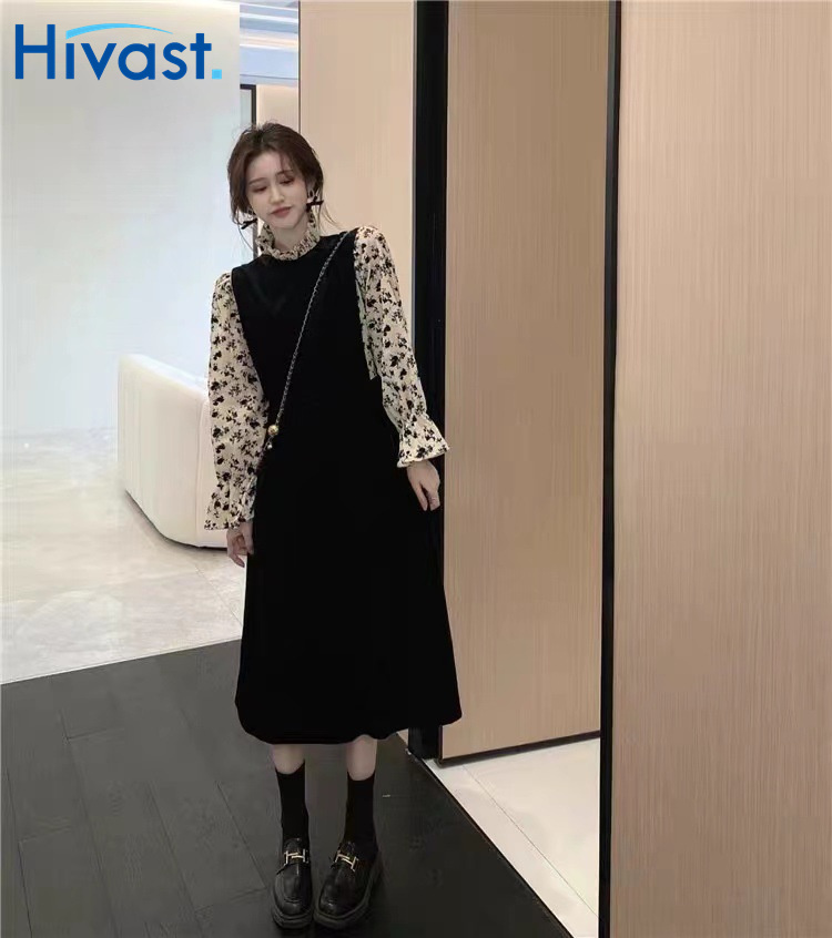 ワンピース プリントスカート 波型襟 女性 レディース 長袖 可愛い ミッドレングススカート