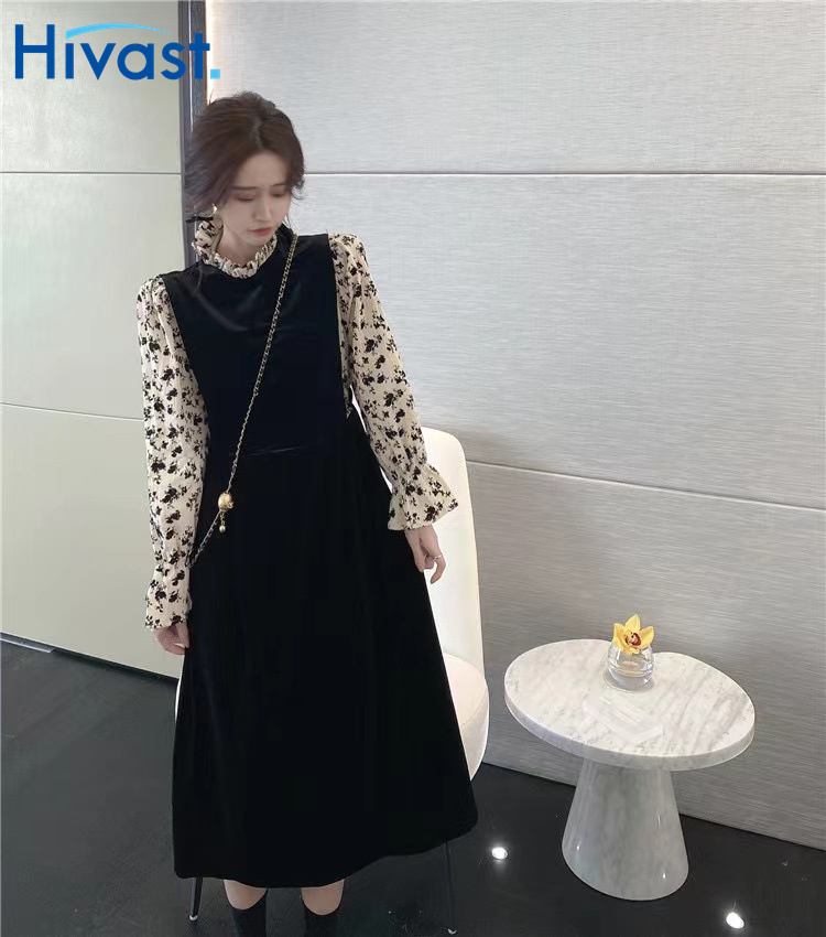 ワンピース プリントスカート 波型襟 女性 レディース 長袖 可愛い ミッドレングススカート