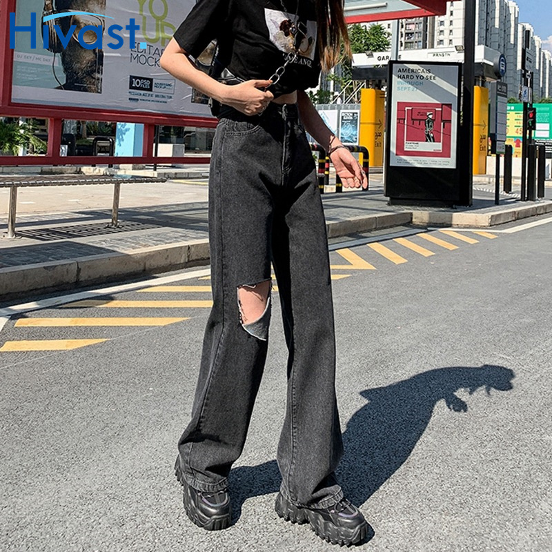 レッグパンツ 女性 ハイウエスト  ストレート 3カラー ジーンズ ポケット ダメージデニムパンツ
