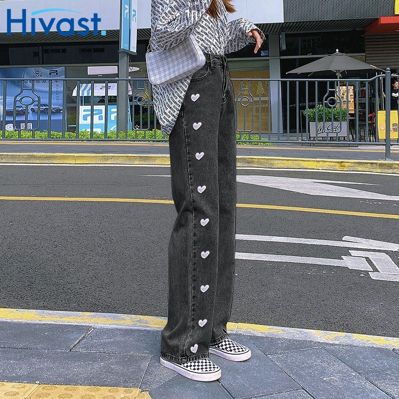 レッグパンツ 女性 ハイウエスト  刺繡 ハート ストレート 2カラー ジーンズ 春