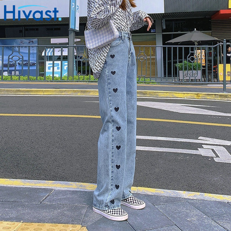 レッグパンツ 女性 ハイウエスト  刺繡 ハート ストレート 2カラー ジーンズ 春