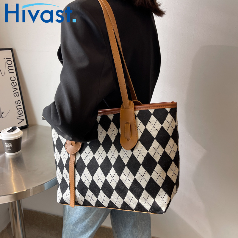 トートバッグ   大きめ 格子柄 可愛い   帆布  通勤 韓国風  キャンバス  ショルダーバッグ       バッグ