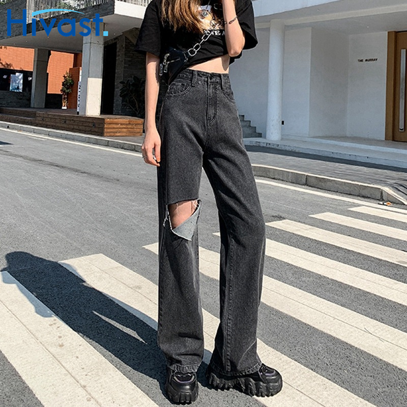 レッグパンツ 女性 ハイウエスト  ストレート 3カラー ジーンズ ポケット ダメージデニムパンツ