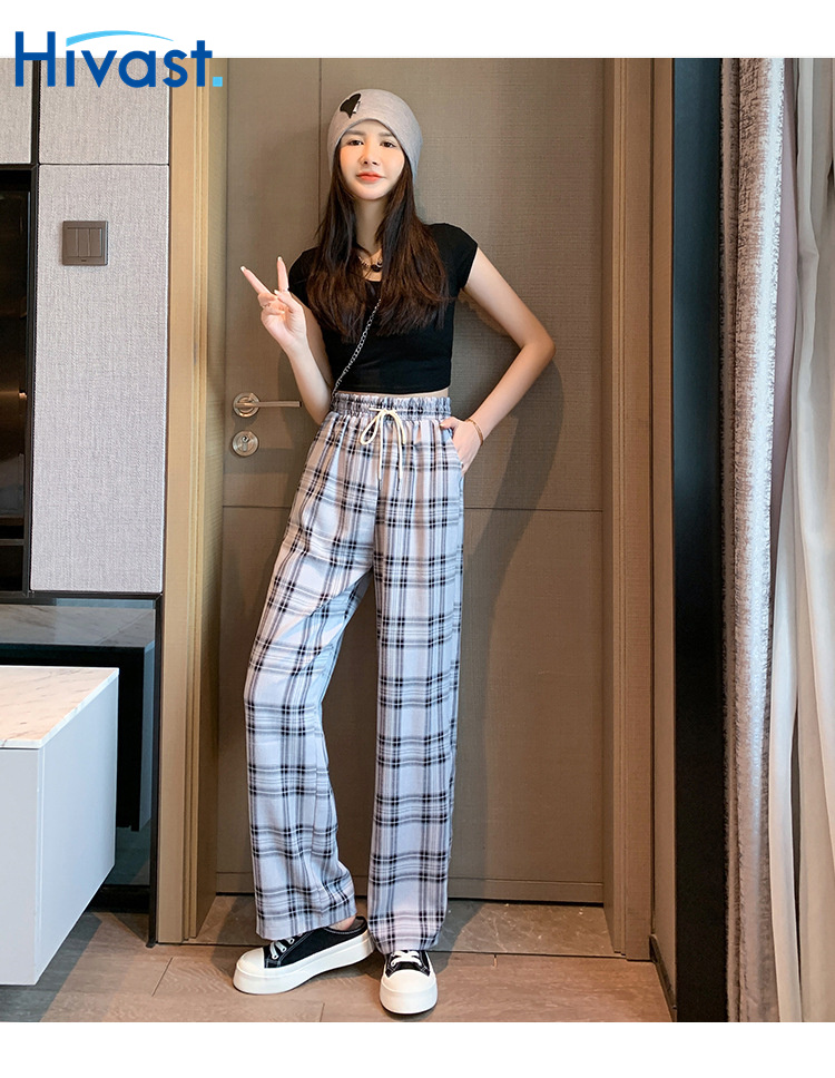 レッグパンツ 女性  スリム ストレート カジュアル 春 運動 格子縞 ワイドパンツ