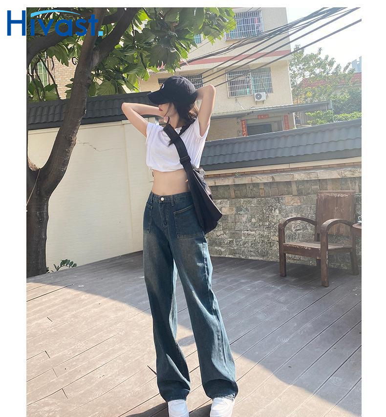 レッグパンツ 大人 ハイウエスト  レトロ 着瘦せ ズボン ワンカラー ジーンズ 春