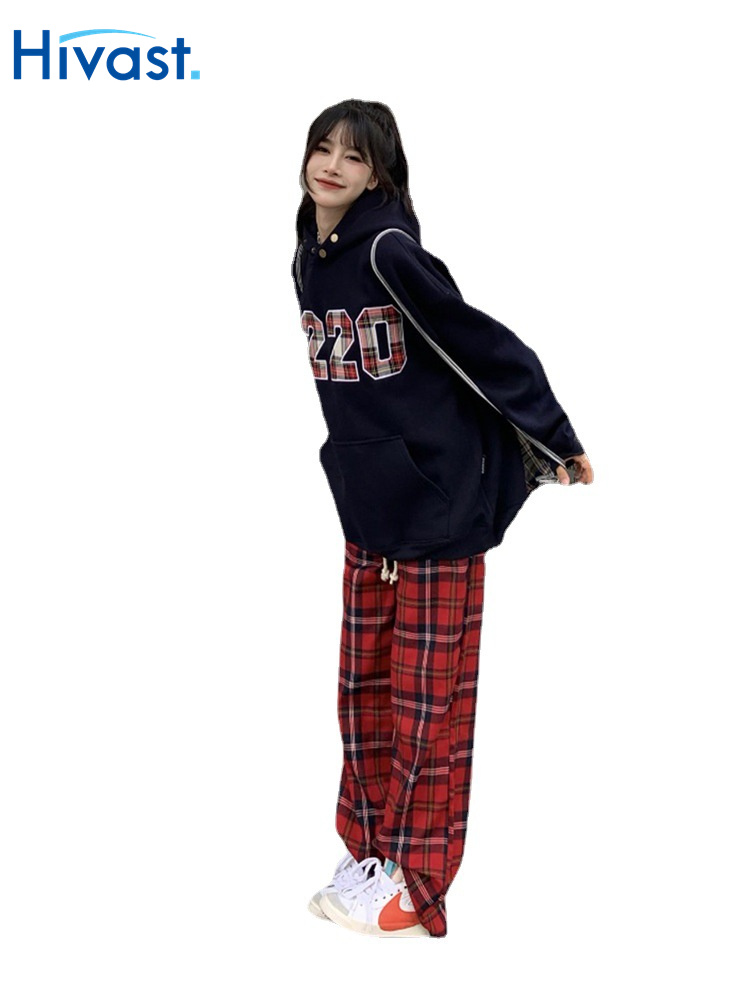 レッグパンツ 女性 ワイドパンツ  格子縞 レトロ レッド ルーズ 新作 ジャージ