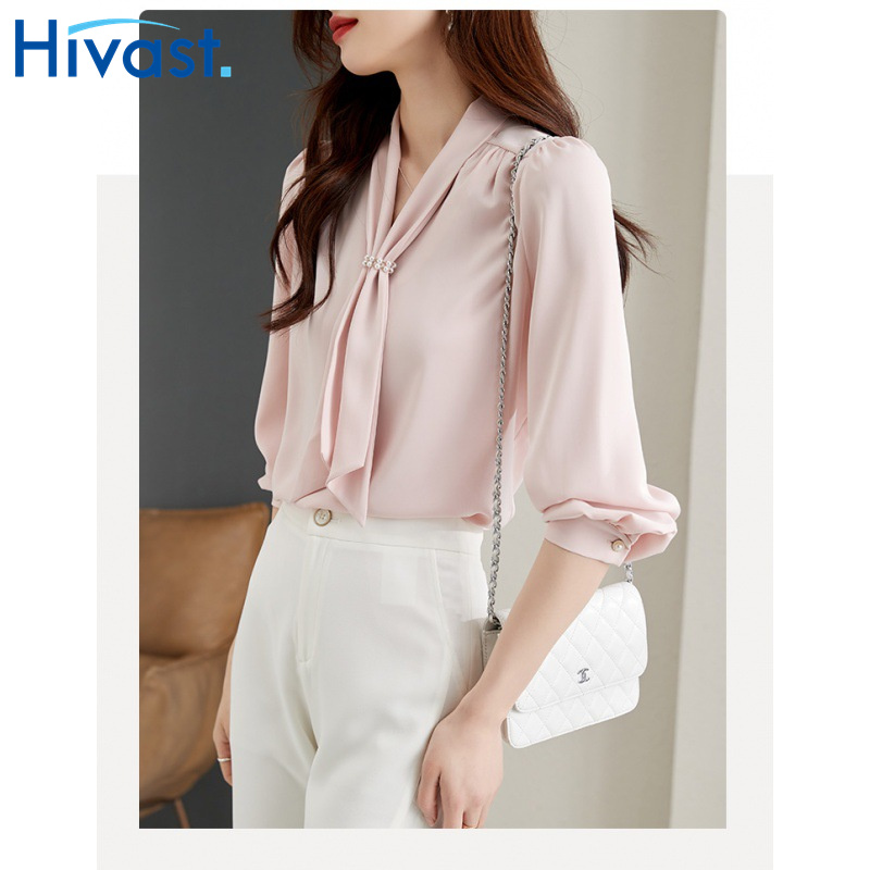 シャツ ブラウス 女性 バブルスリーブ Vネック 通勤 長袖 上品 おしゃれ カジュアル