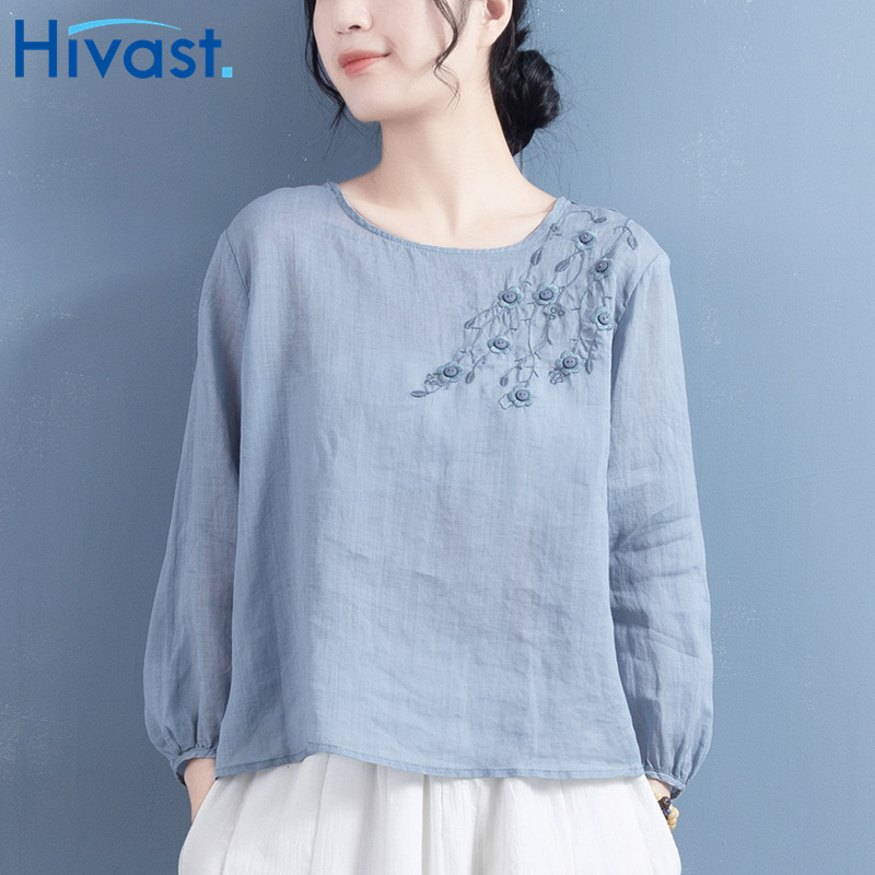 シャツ ブラウス 女性 5カラー クルーネック 刺繡 レトロ ファッション
