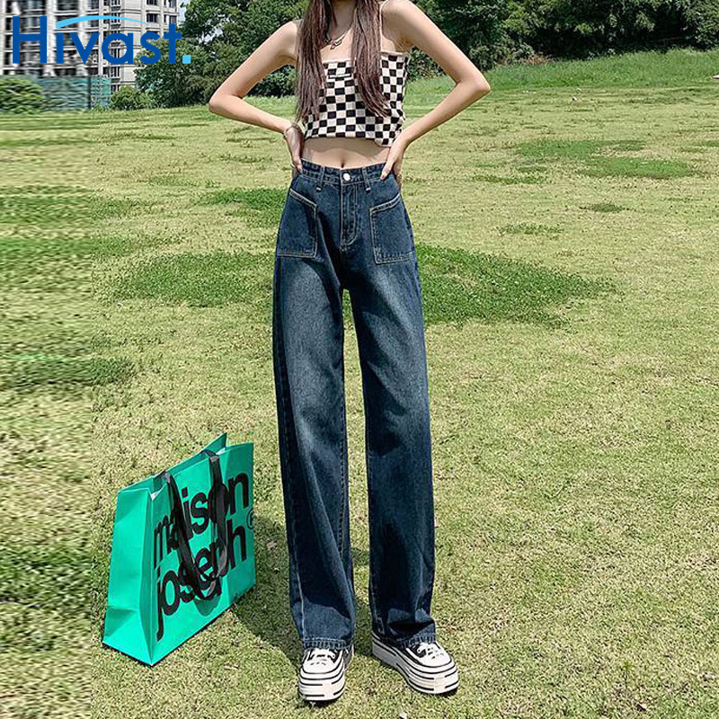 レッグパンツ 女性 ハイウエスト  ファッション ストレート ズボン ワンカラー ジーンズ