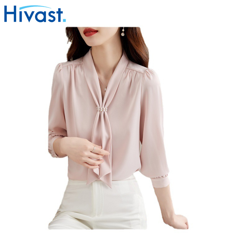 シャツ ブラウス 女性 バブルスリーブ Vネック 通勤 長袖 上品 おしゃれ カジュアル