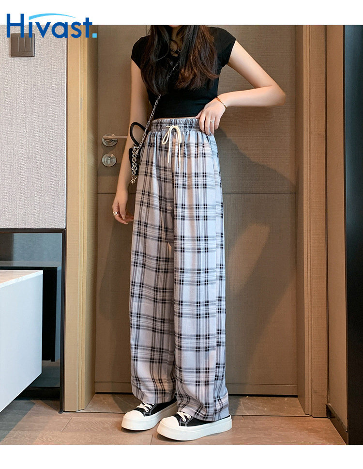 レッグパンツ 女性  スリム ストレート カジュアル 春 運動 格子縞 ワイドパンツ