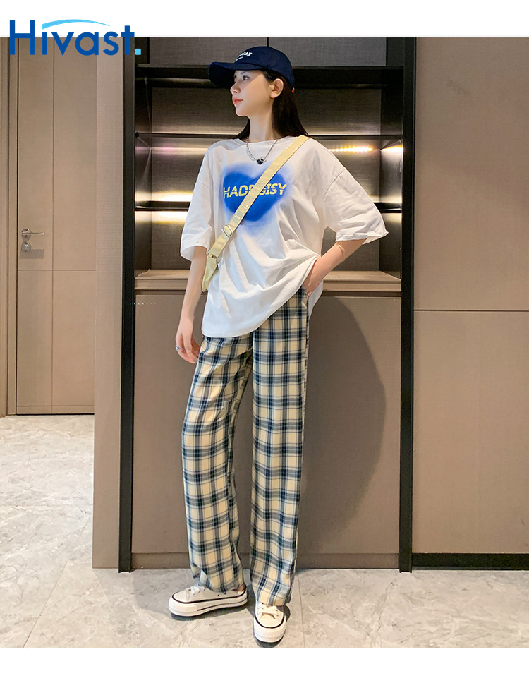 レッグパンツ 女性  スリム ストレート カジュアル 春 運動 格子縞 ワイドパンツ