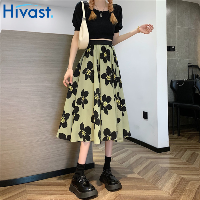 ハーフスカート 女性 可愛い 花柄  ハイウエスト カジュアル ファッション Aラインスカート