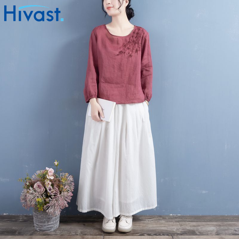 シャツ ブラウス 女性 5カラー クルーネック 刺繡 レトロ ファッション