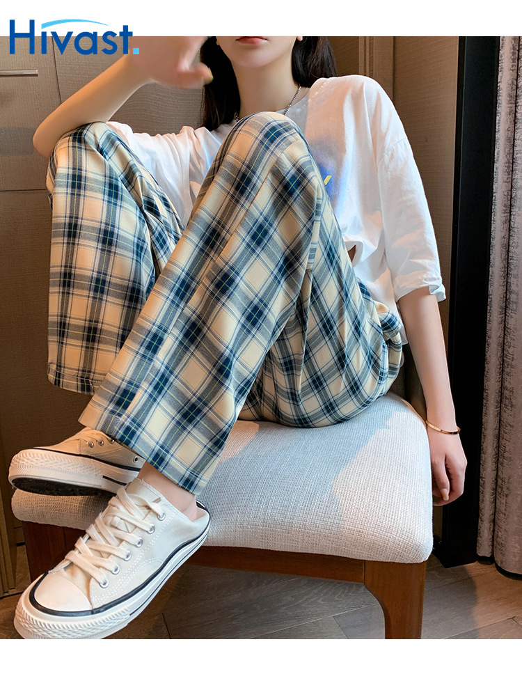 レッグパンツ 女性  スリム ストレート カジュアル 春 運動 格子縞 ワイドパンツ
