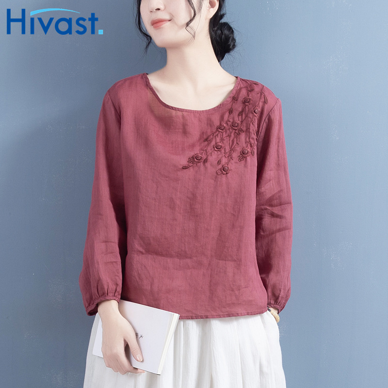 シャツ ブラウス 女性 5カラー クルーネック 刺繡 レトロ ファッション