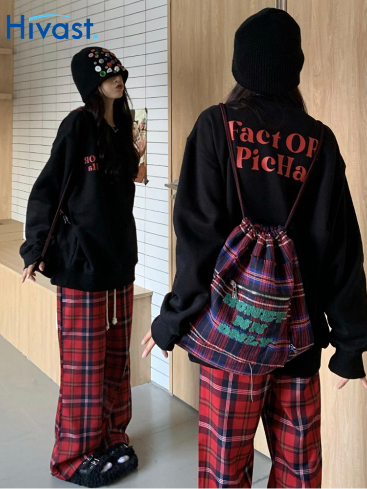 レッグパンツ 女性 ワイドパンツ  格子縞 レトロ レッド ルーズ 新作 ジャージ