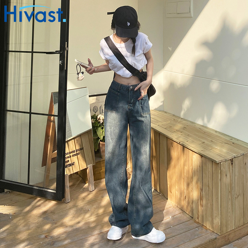 レッグパンツ 大人 ハイウエスト  レトロ 着瘦せ ズボン ワンカラー ジーンズ 春