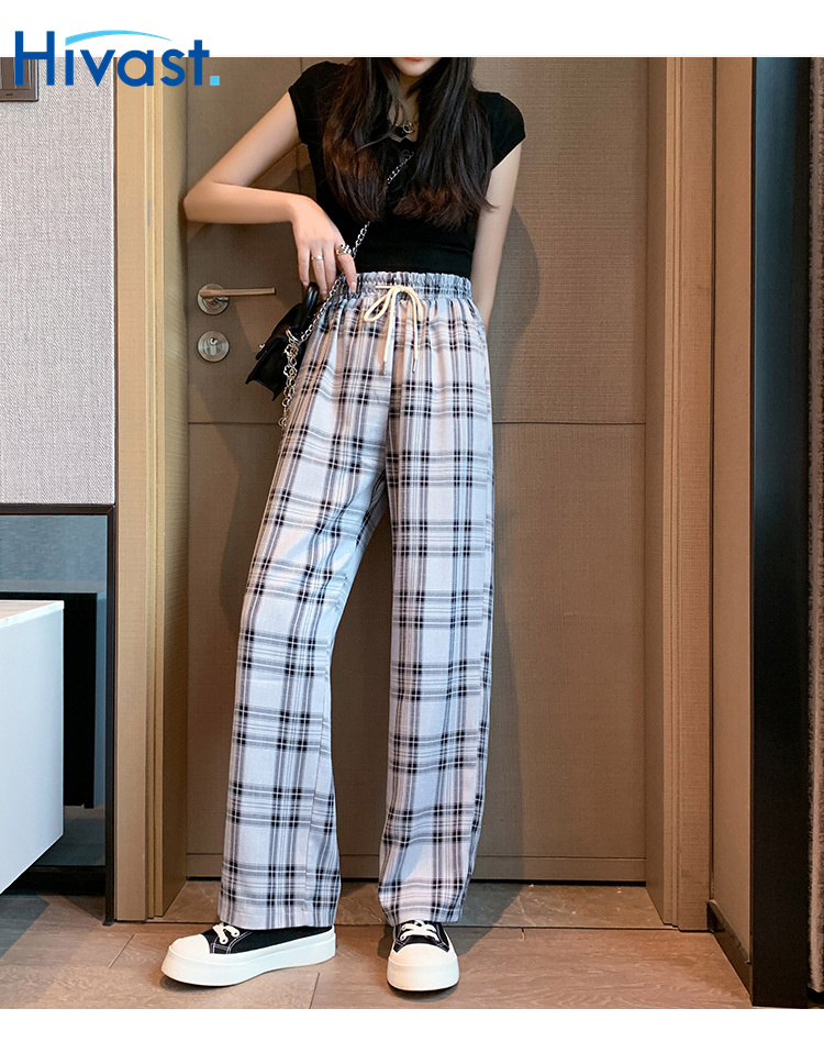 レッグパンツ 女性  スリム ストレート カジュアル 春 運動 格子縞 ワイドパンツ