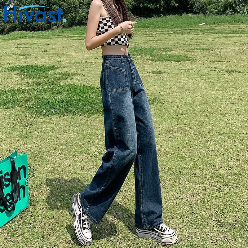 レッグパンツ 女性 ハイウエスト  ファッション ストレート ズボン ワンカラー ジーンズ