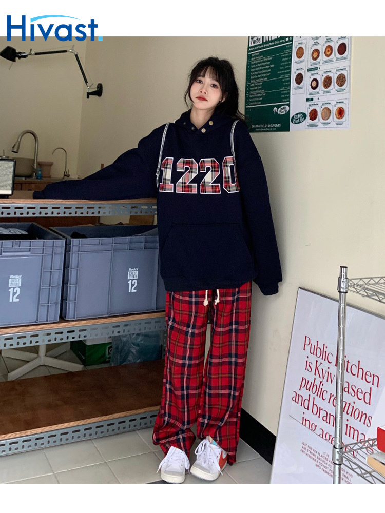 レッグパンツ 女性 ワイドパンツ  格子縞 レトロ レッド ルーズ 新作 ジャージ