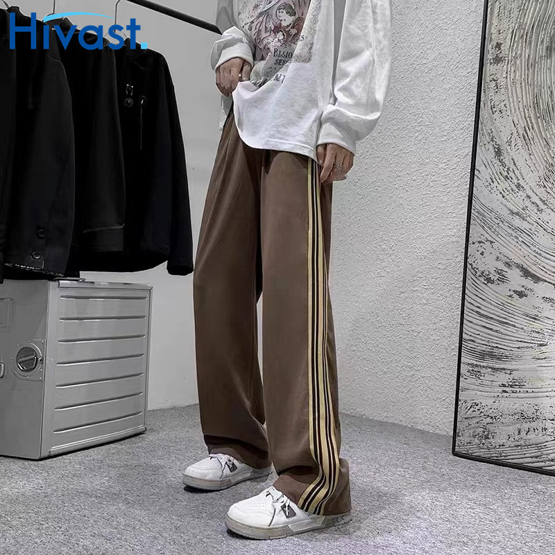 レッグパンツ カップル お出かけ ストライプ ワイドパンツ 2カラー コーヒー レトロ