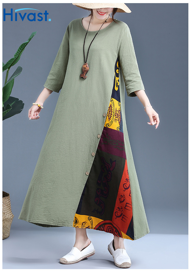 ワンピース ドレス 女性 4カラー ボタン 花柄 クルーネック おしゃれ 人気