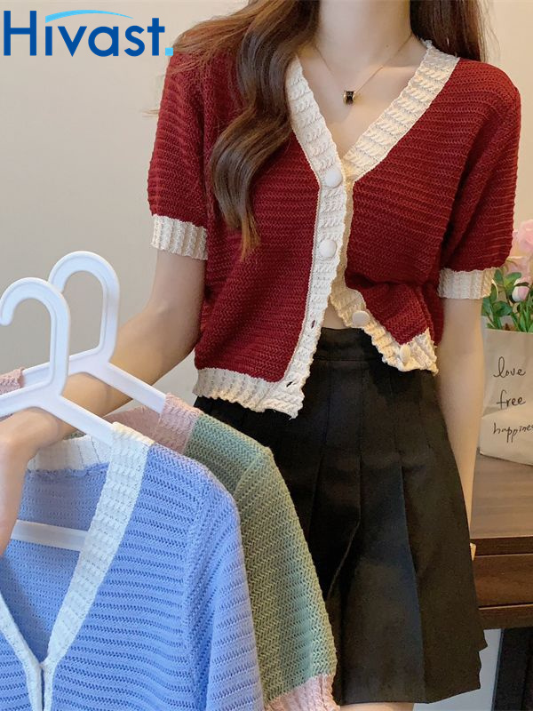 トップス ジャンパー ショート 薄手 Vネック 女性 ン ニッチ