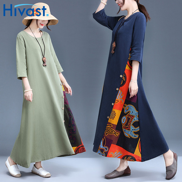 ワンピース ドレス 女性 4カラー ボタン 花柄 クルーネック おしゃれ 人気