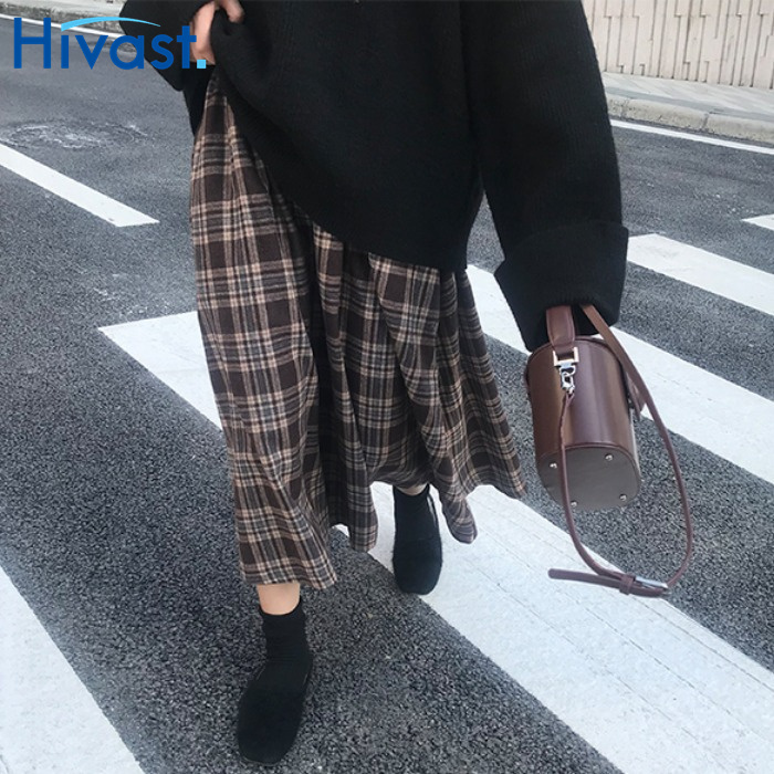 ハーフスカート 女性 格子縞 レトロ Aラインスカート ハイウエスト ファッション