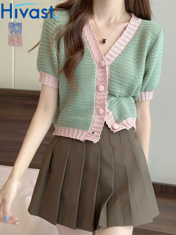 トップス ジャンパー ショート 薄手 Vネック 女性 ン ニッチ