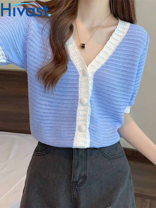 トップス ジャンパー ショート 薄手 Vネック 女性 ン ニッチ
