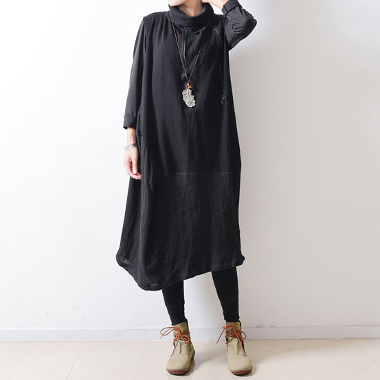 2021 autumn black shoulder zipper linen dresses cotton patchwork caftans plus size gowns